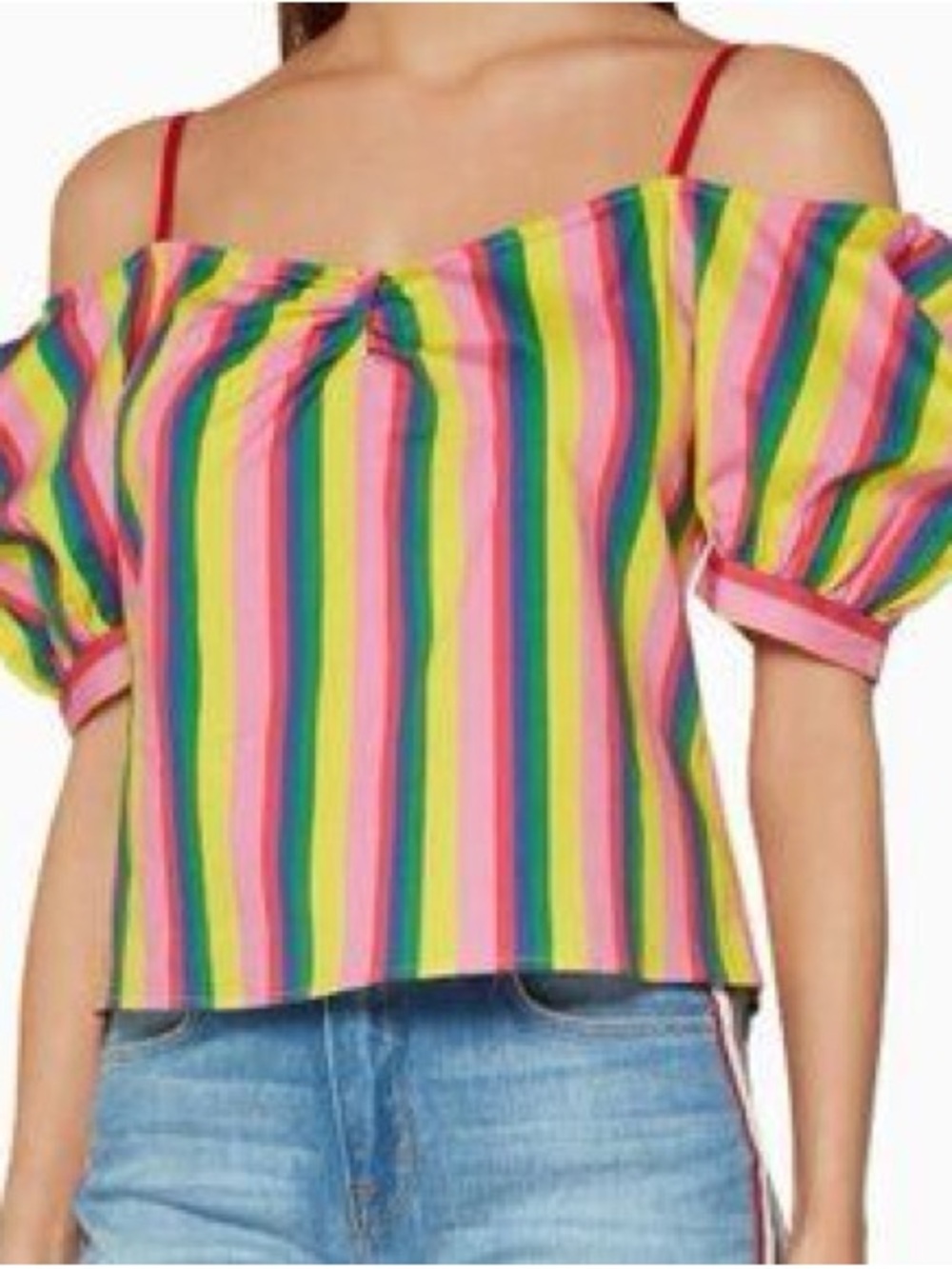 STAUD Rainbow Stripe Ruby Cold Shoulder Puff Sleeve Top Size S